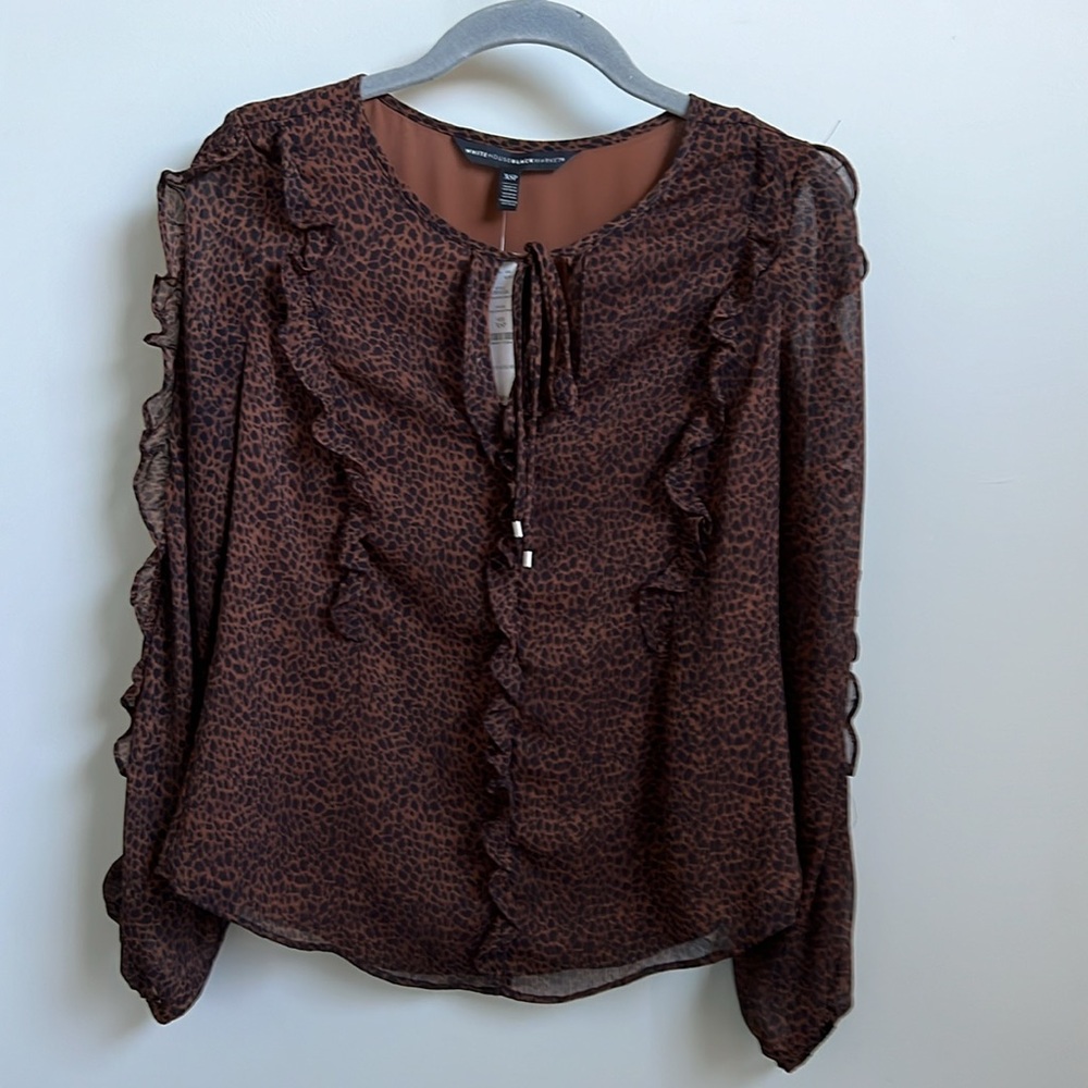 NWT WHBM Trendy Women's Ruffled Black & Brown Leopard Print Tie Front Blouse